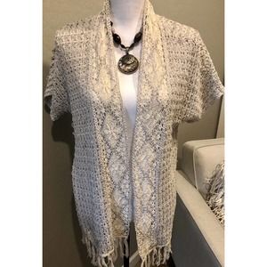 Zozo Women Open Front Cardigan Sweater Fringe‎ Hem Crochet Medium Silver Cream